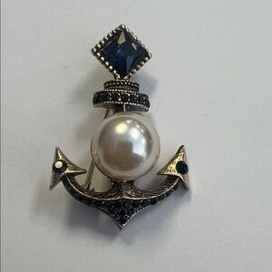 Nautical Anchor Brooch with Pearl and Blue Accents